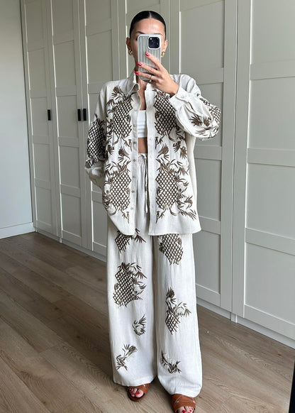 Boncuk ve Nakışlı Keten Takım NATUR