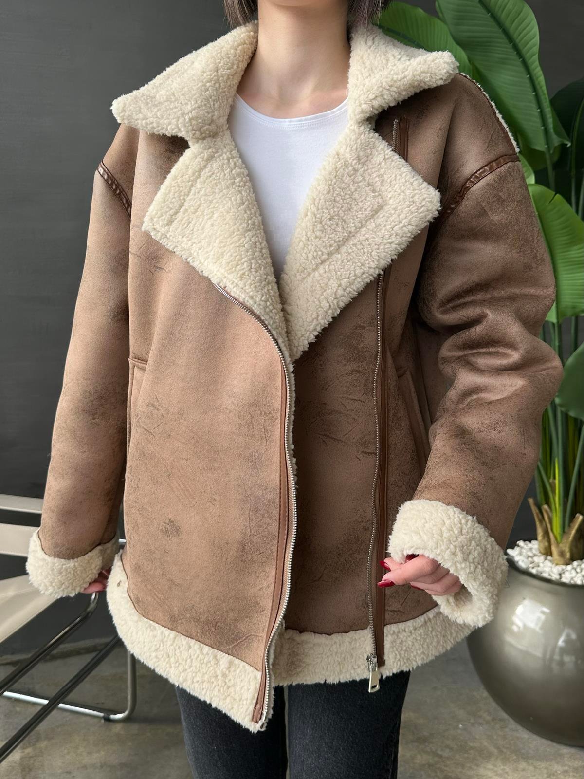 Deri Biyeli Kürk Ceket CAMEL