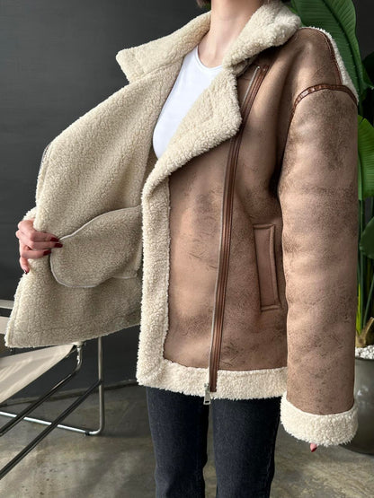 Deri Biyeli Kürk Ceket CAMEL