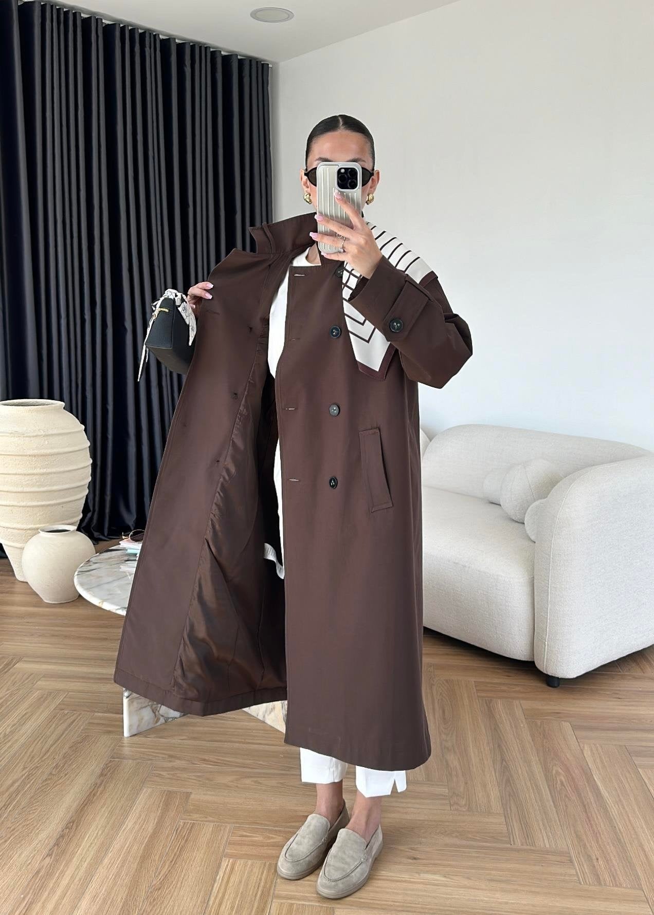 Fularlı Uzun Trençkot ACI KAHVE