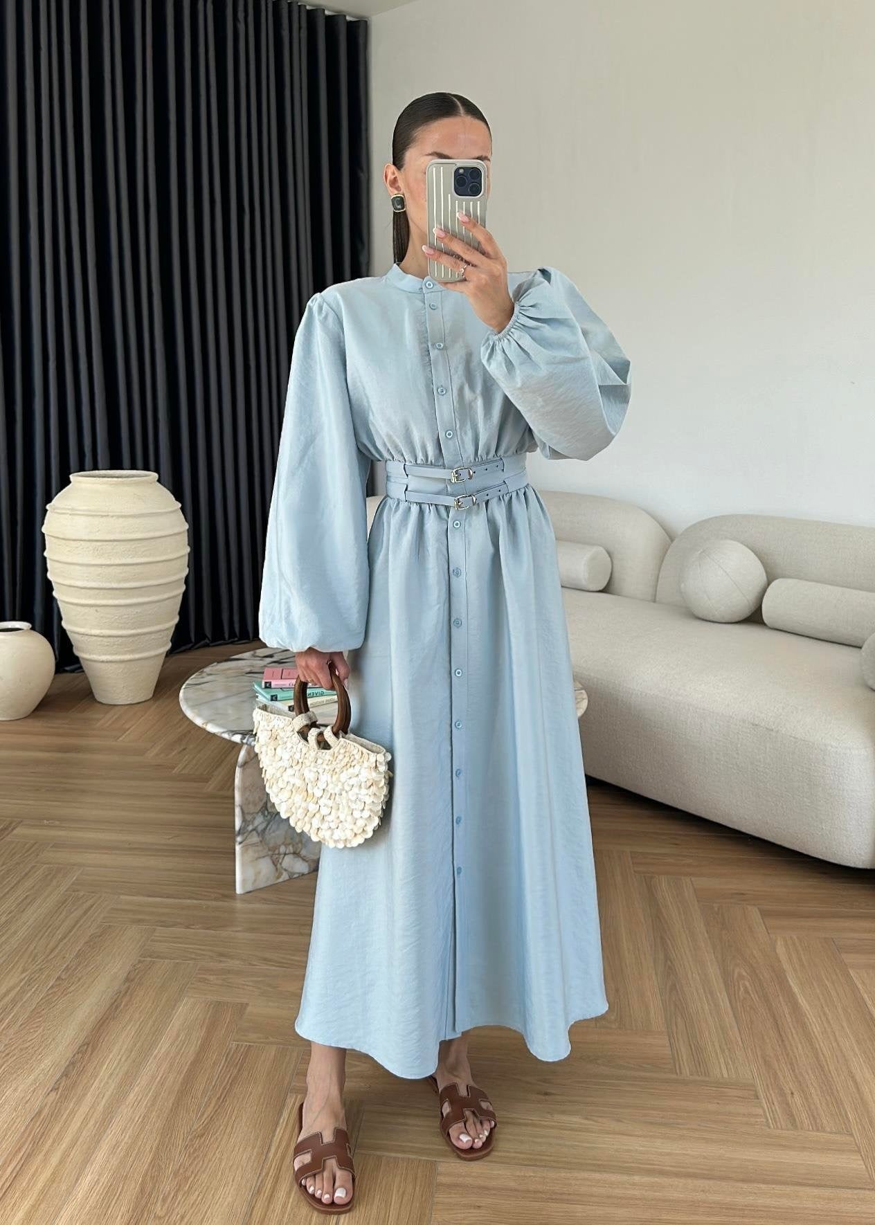 Çift Kemerli Elbise BEBE MAVİ