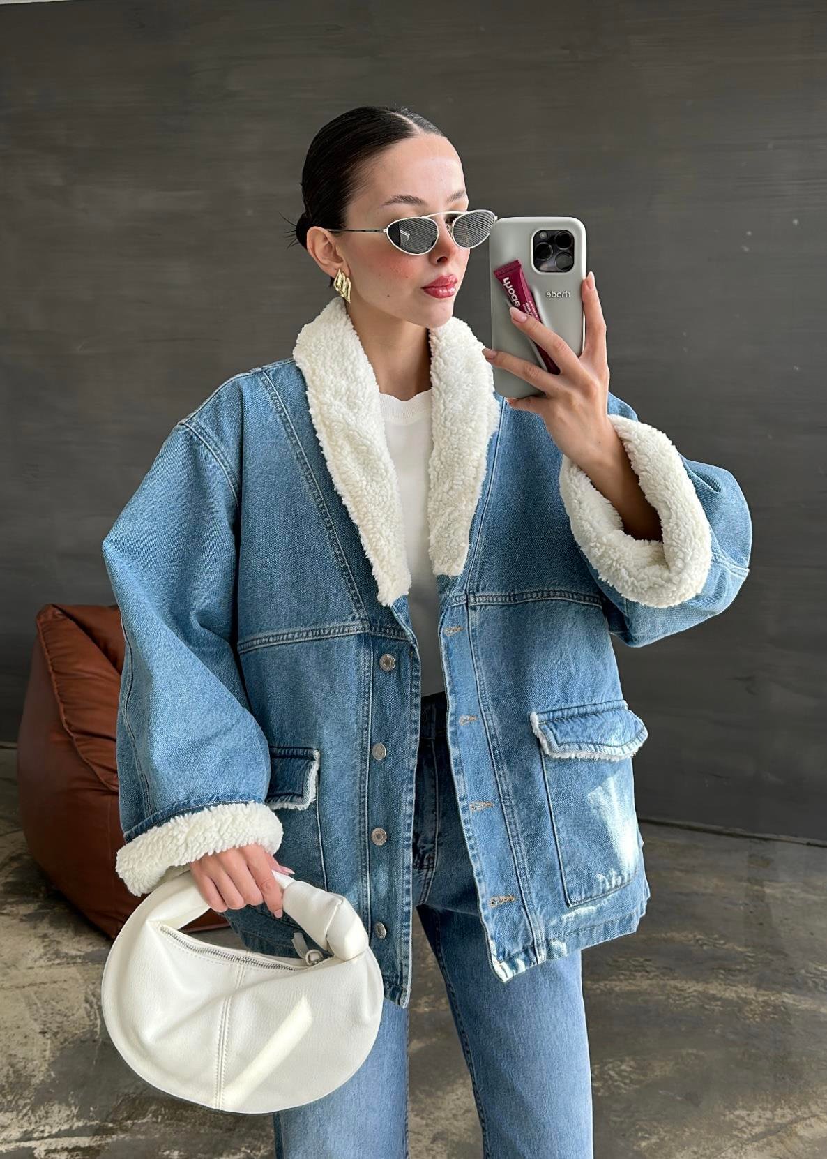 Kürk Detaylı Denim Mont MAVİ