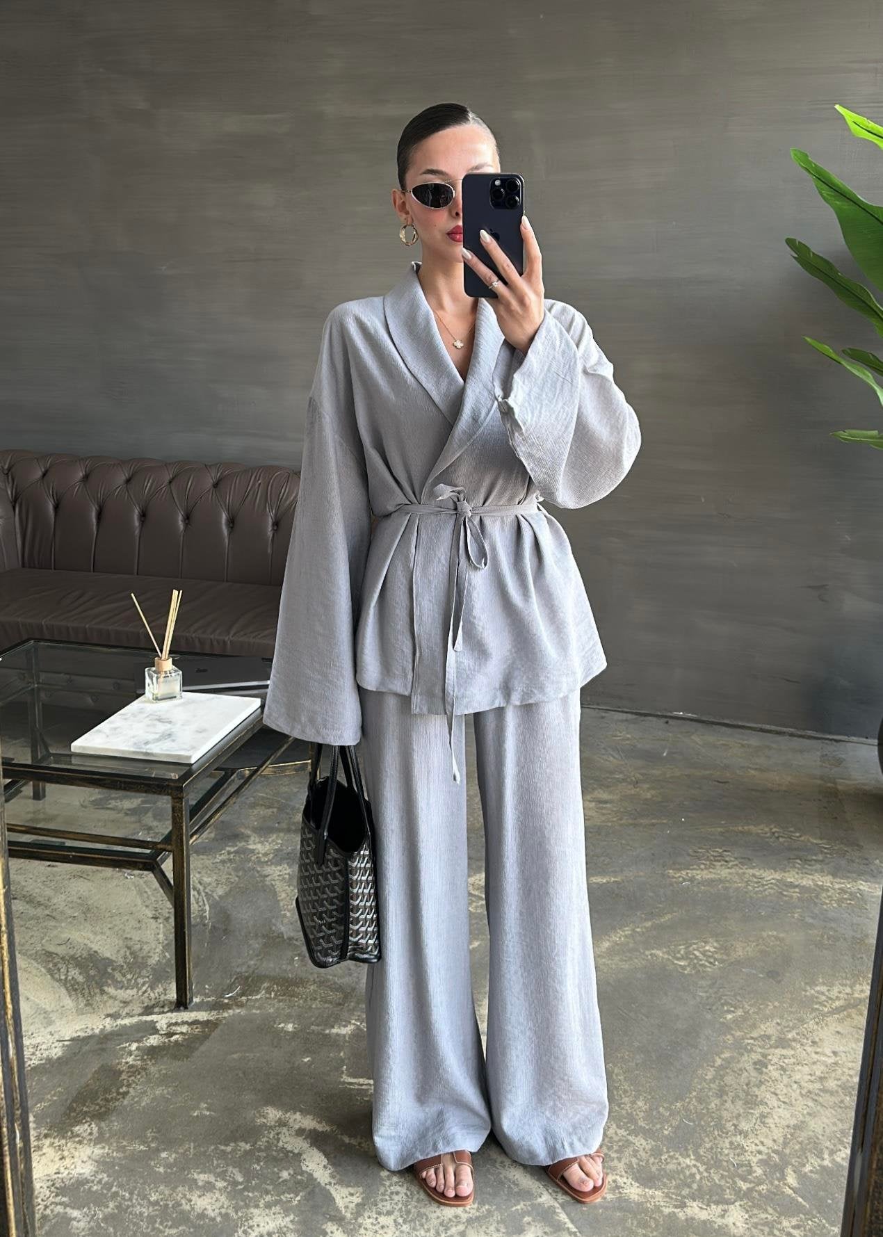 Şal Yaka Krinkıl Kimono Takım GRİ