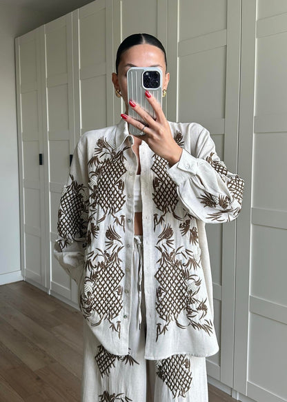 Boncuk ve Nakışlı Keten Takım NATUR