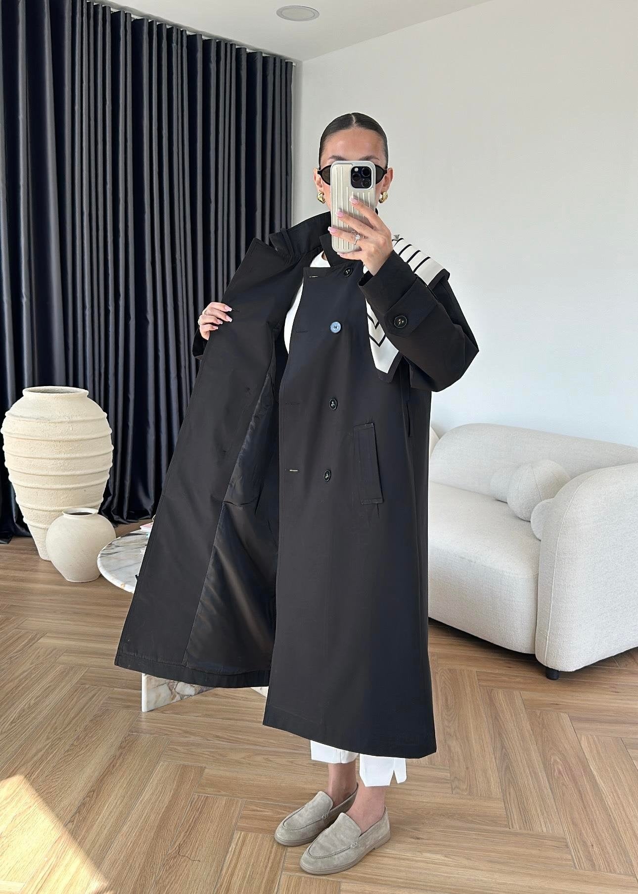 Fularlı Uzun Trençkot SİYAH