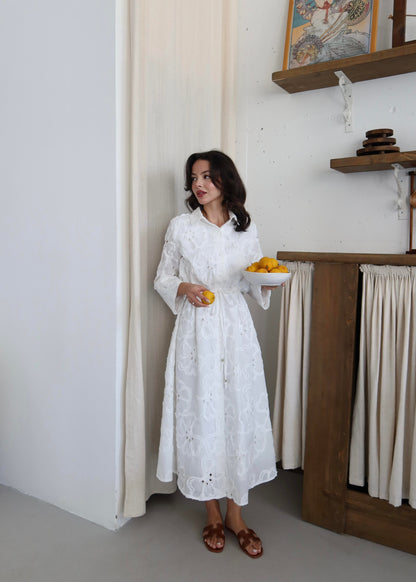 Beli Bağcıklı Brode Elbise BEYAZ