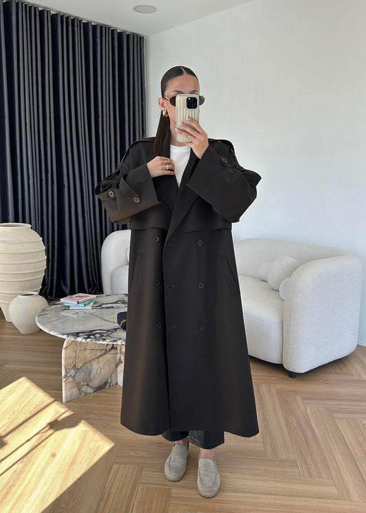 Omuzu Uzun Apoletli Trençkot ACI KAHVE