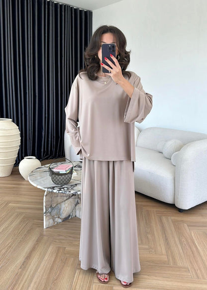 Modal Geniş Paçalı Takım Bej