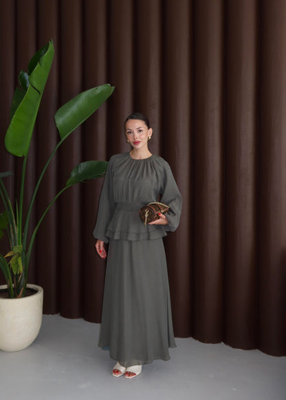 Beli Volanlı Elbise ZÜMRÜT