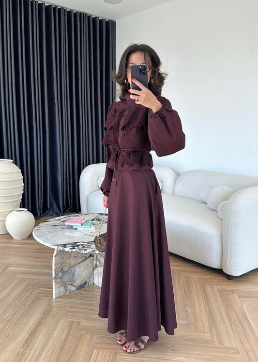 Güpürlü Çan Etekli Takım Bordo
