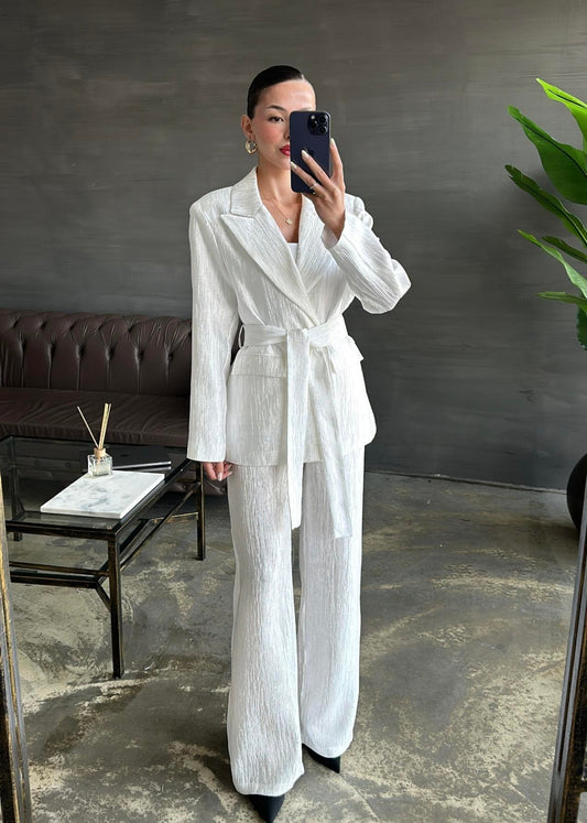 Parlak Beli Kuşaklı Takım EKRU