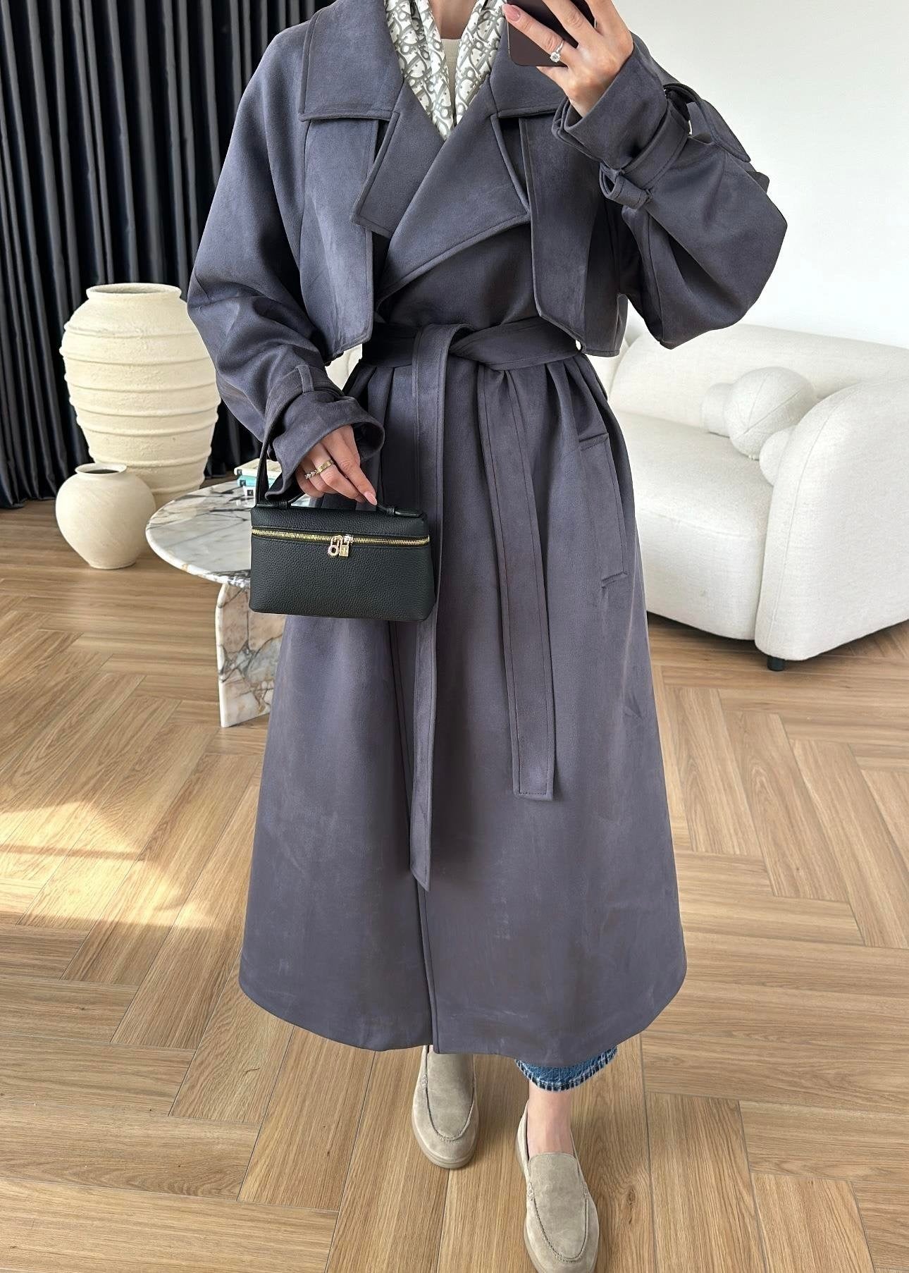 Apoletli Süet Trençkot ANTRASİT