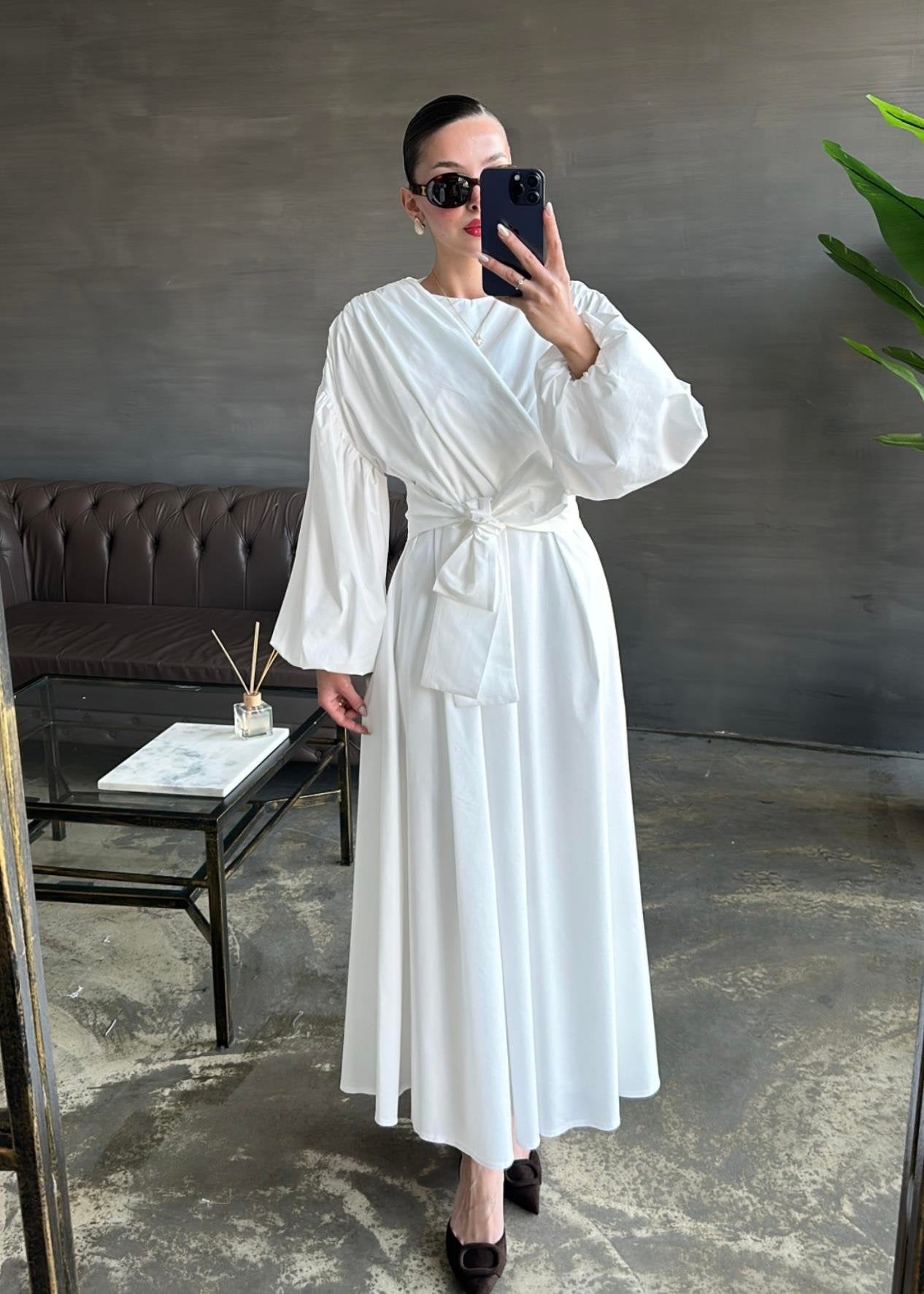 Dacron Balon Kol Elbise EKRU