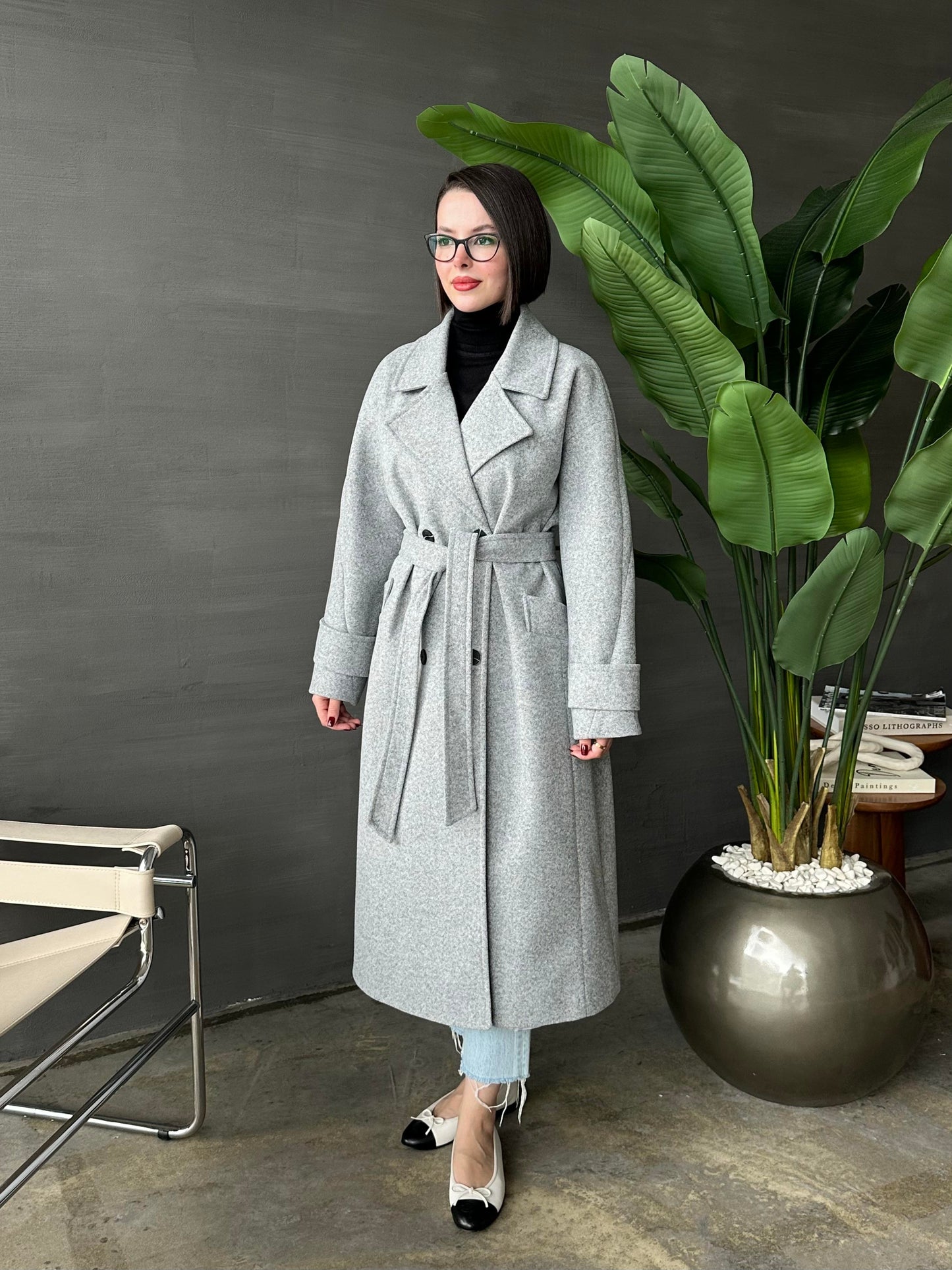 Kelebek Yakalı Kaşe Kaban ORTA GRİ