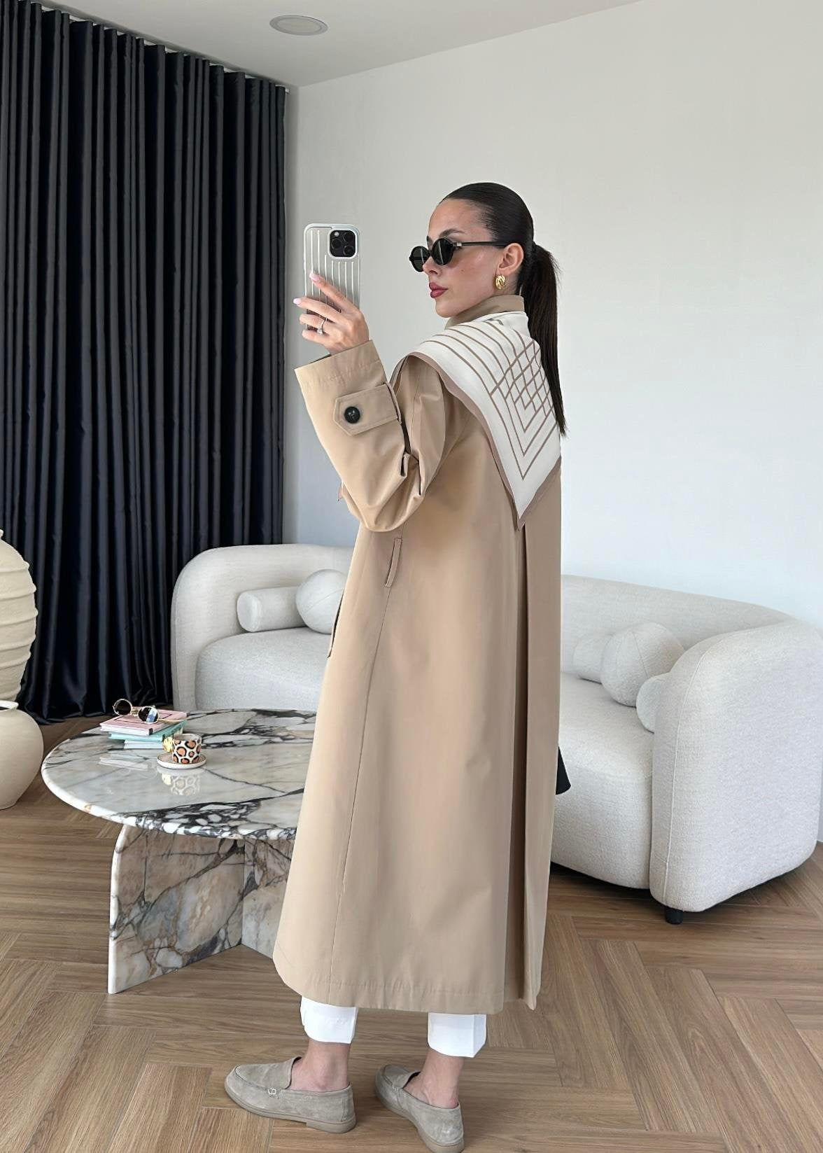 Fularlı Uzun Trençkot BEJ