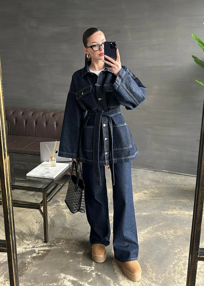 Uzun Ceketli Denim Takım KOYU LACİVERT