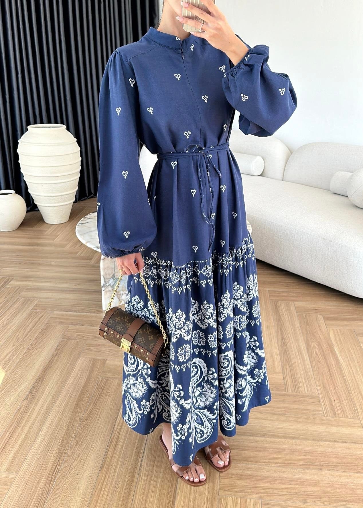 Etek Ucu Motifli Keten Elbise LACİVERT