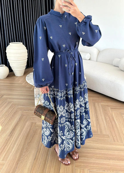 Etek Ucu Motifli Keten Elbise LACİVERT