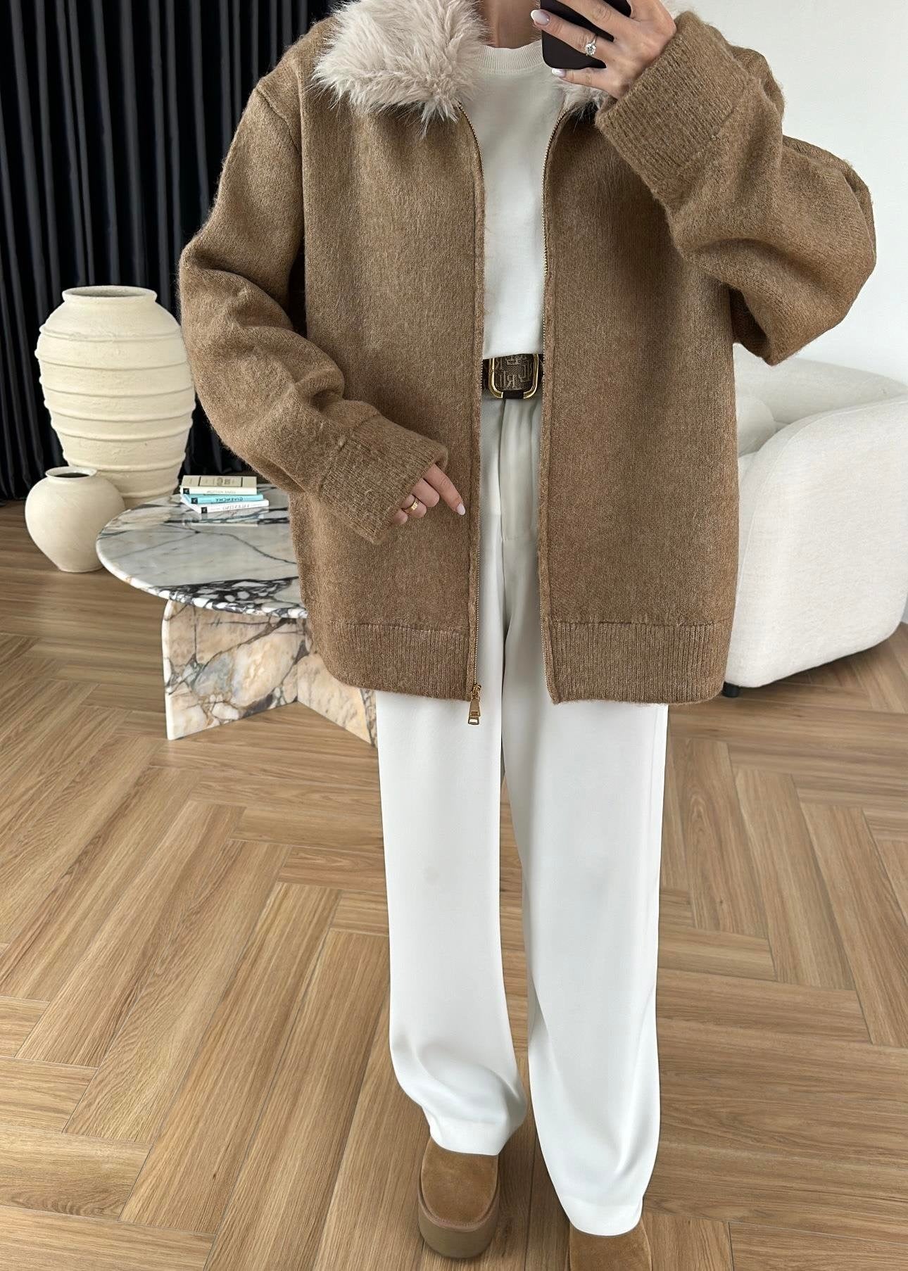 Çıkarılabilir Kürklü Hırka CAMEL