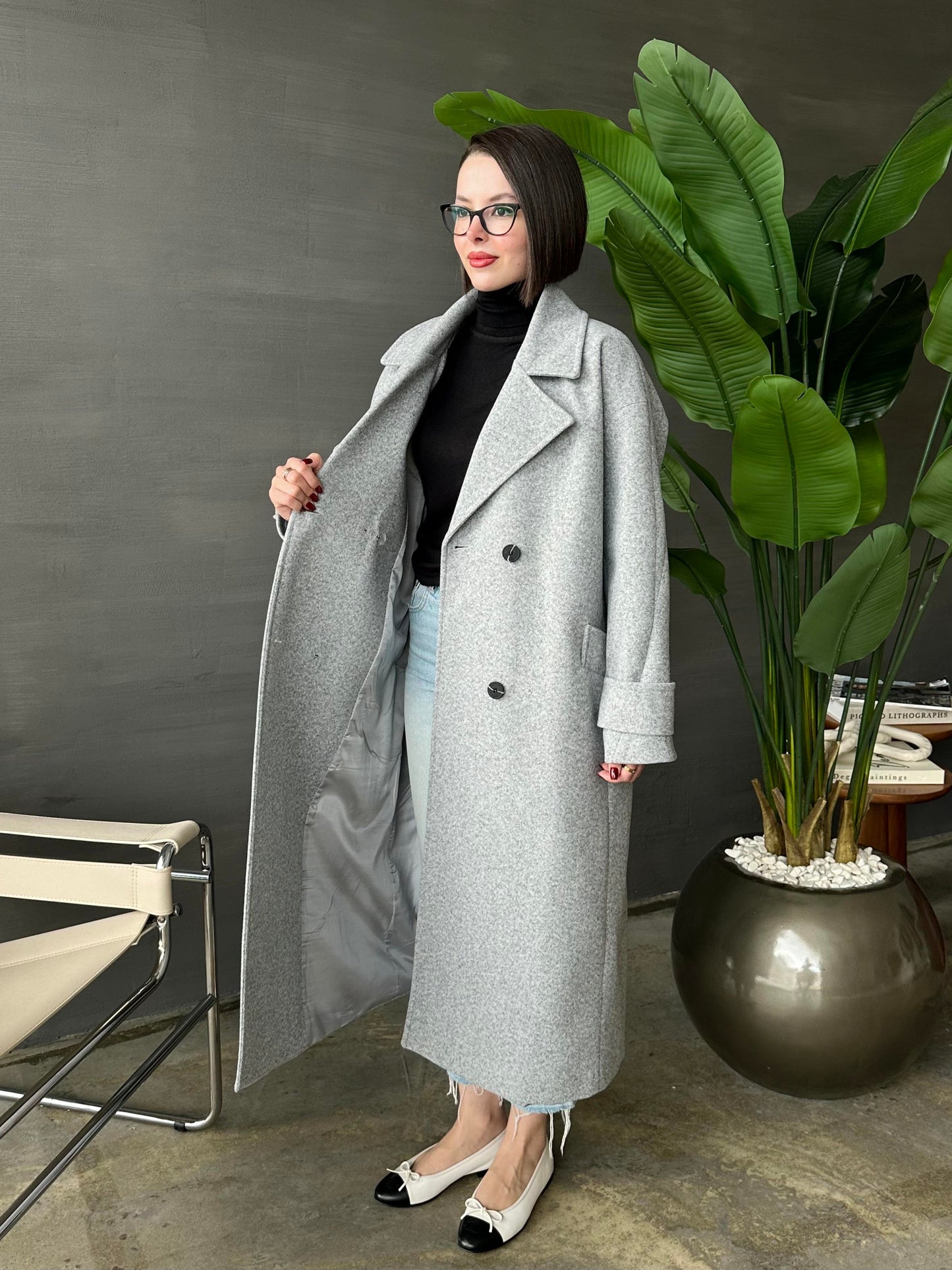 Kelebek Yakalı Kaşe Kaban ORTA GRİ