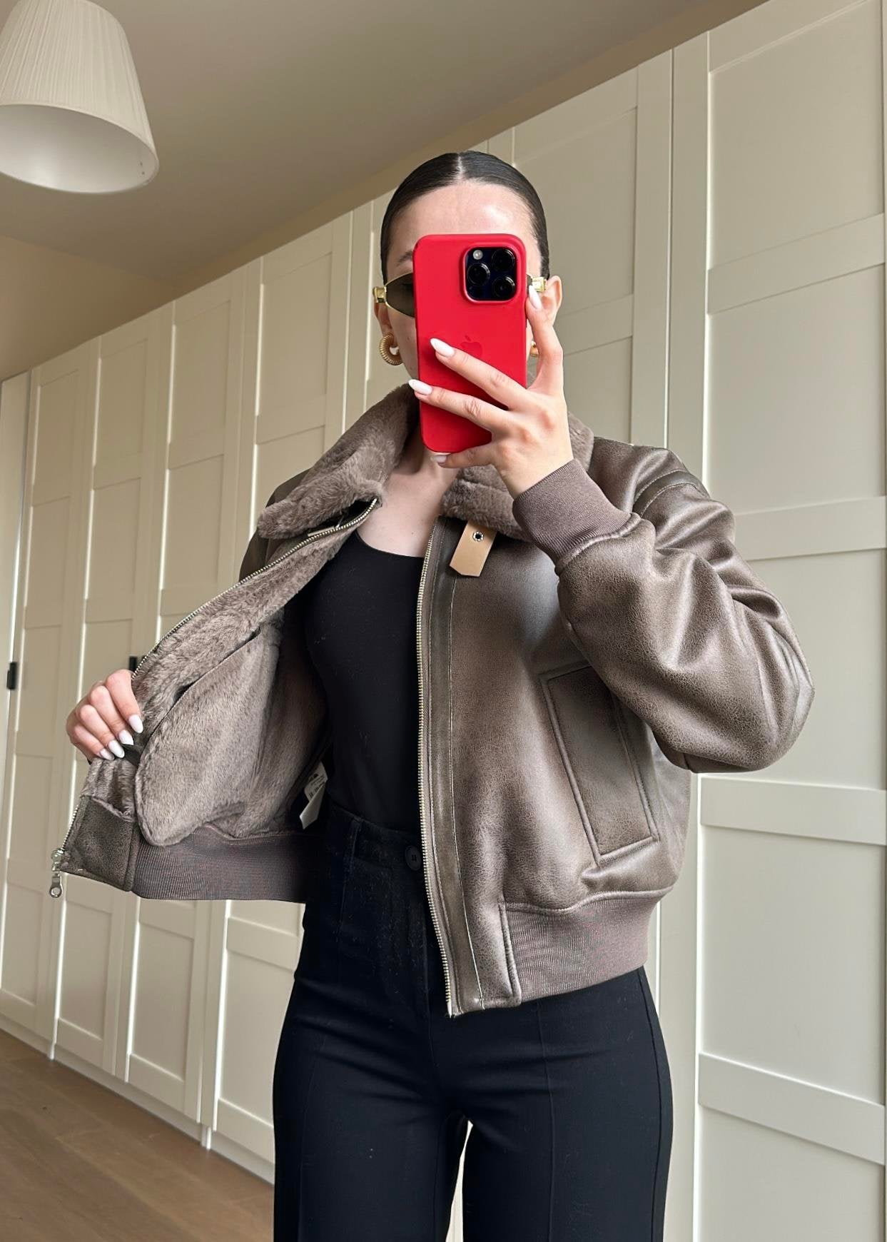 İçi Kürklü Deri Detaylı Mont VİZON