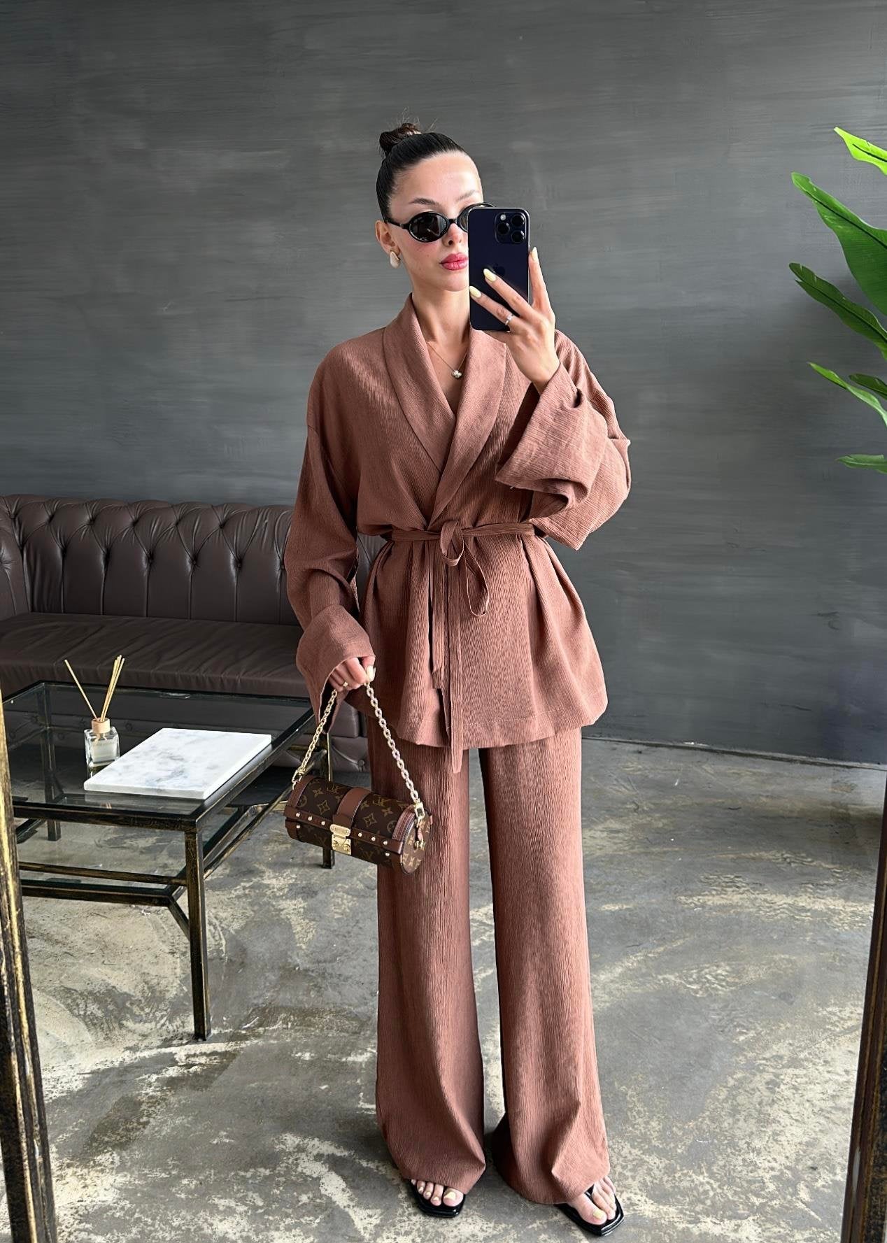 Şal Yaka Krinkıl Kimono Takım KAHVE