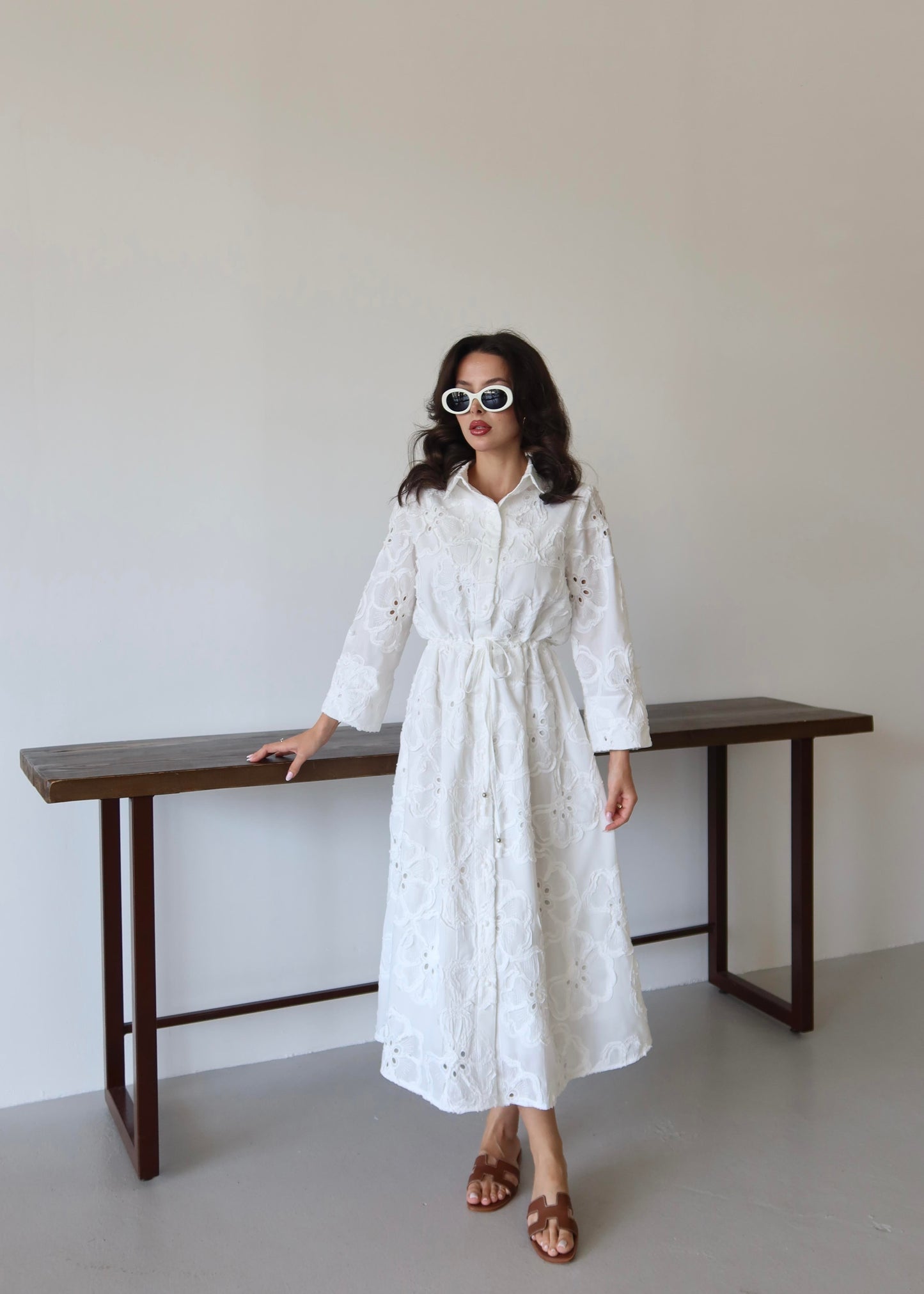 Beli Bağcıklı Brode Elbise BEYAZ