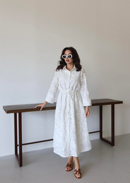 Beli Bağcıklı Brode Elbise BEYAZ
