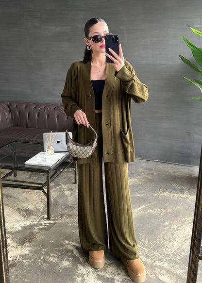 Ahşap Düğmeli Hırkalı Takım HAKİ