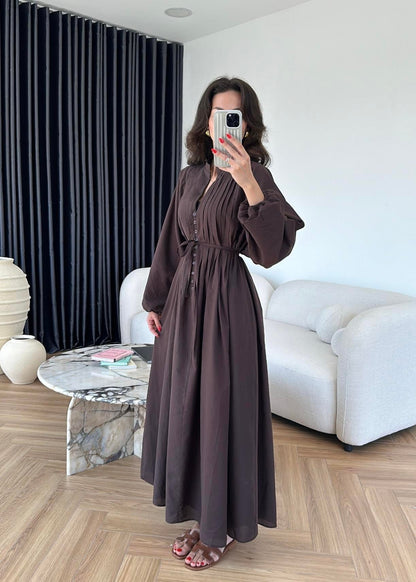 Nervürlü Pamuk Vual Elbise ACI KAHVE