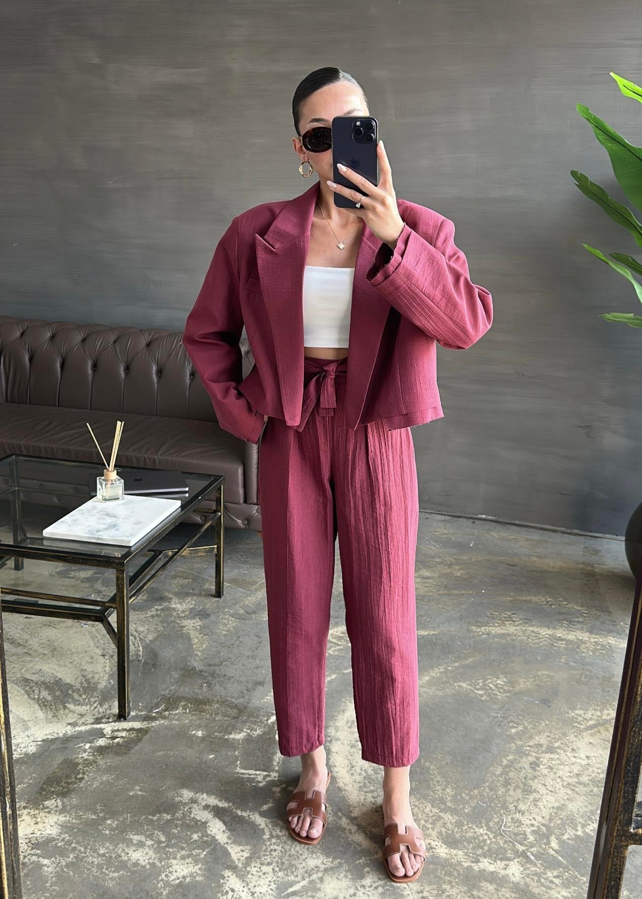 Bağlama Detaylı Crop Ceketli Takım BORDO