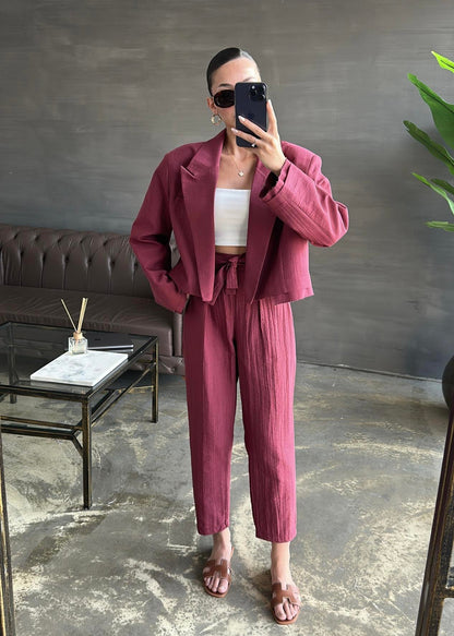 Bağlama Detaylı Crop Ceketli Takım BORDO