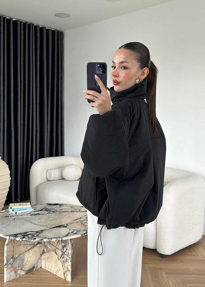 Dik Yakalı Arkası Uzun Mont SİYAH