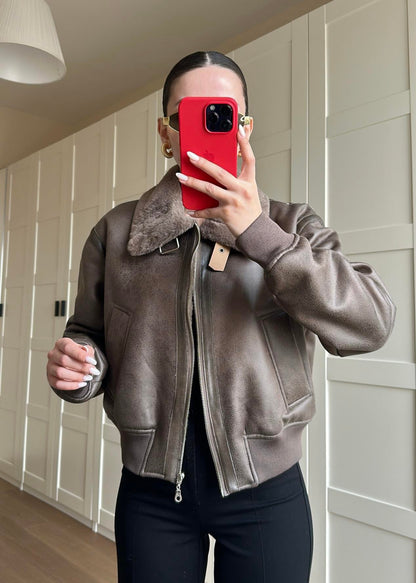 İçi Kürklü Deri Detaylı Mont VİZON