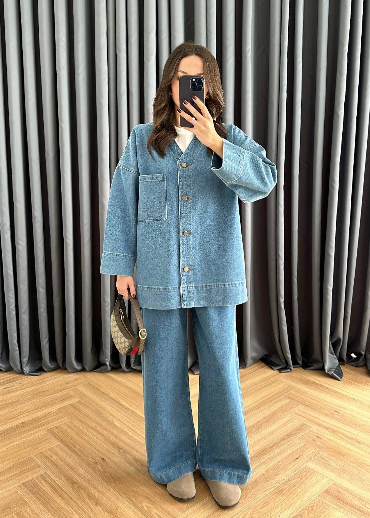 V Yakalı Denim Takım AÇIK MAVİ