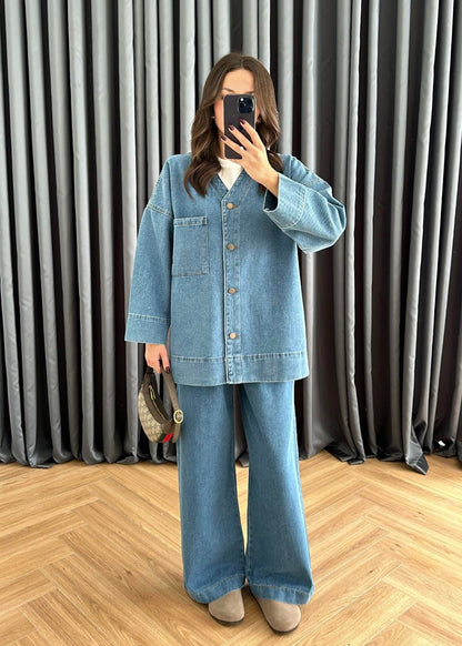 V Yakalı Denim Takım AÇIK MAVİ