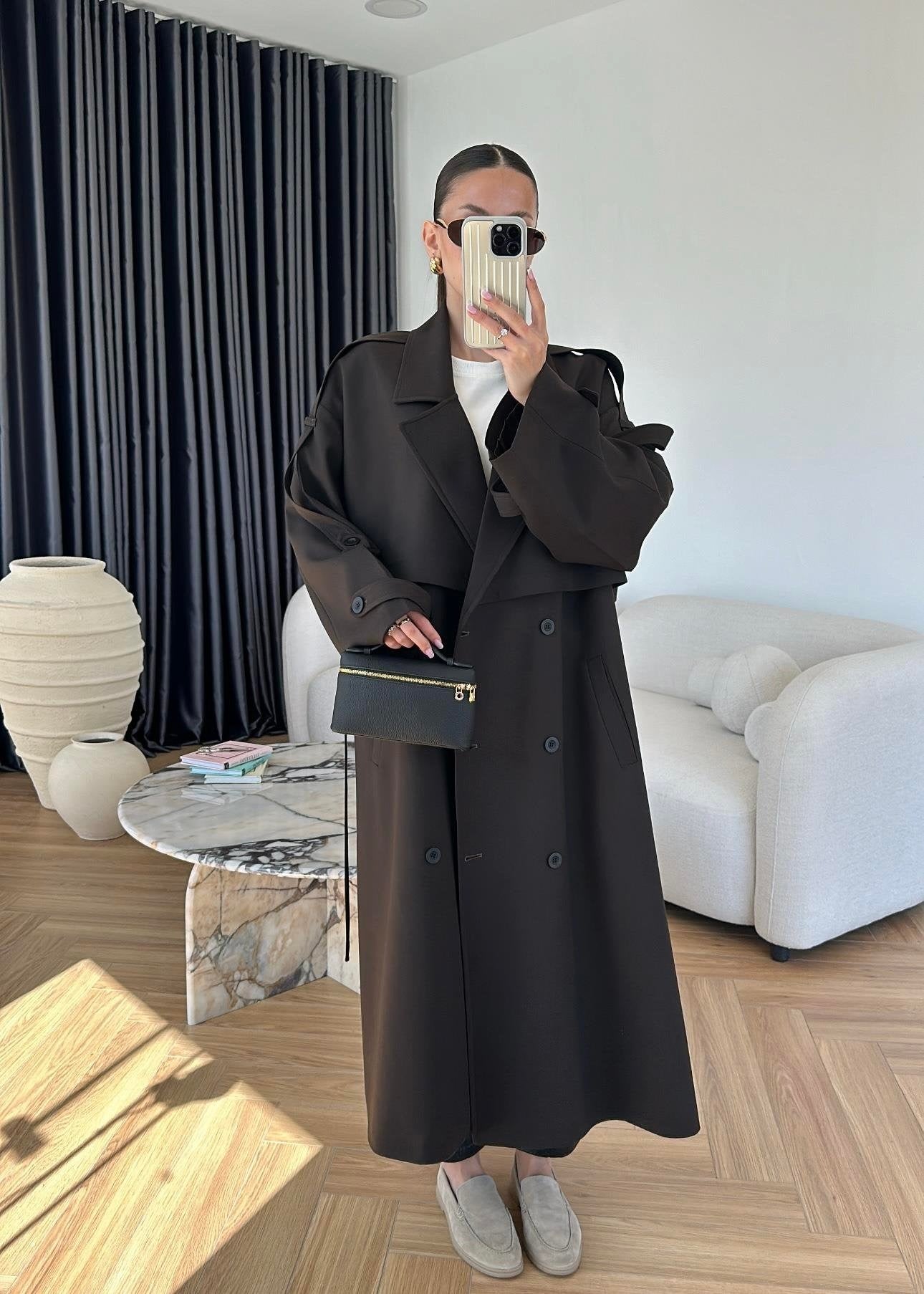 Omuzu Uzun Apoletli Trençkot ACI KAHVE