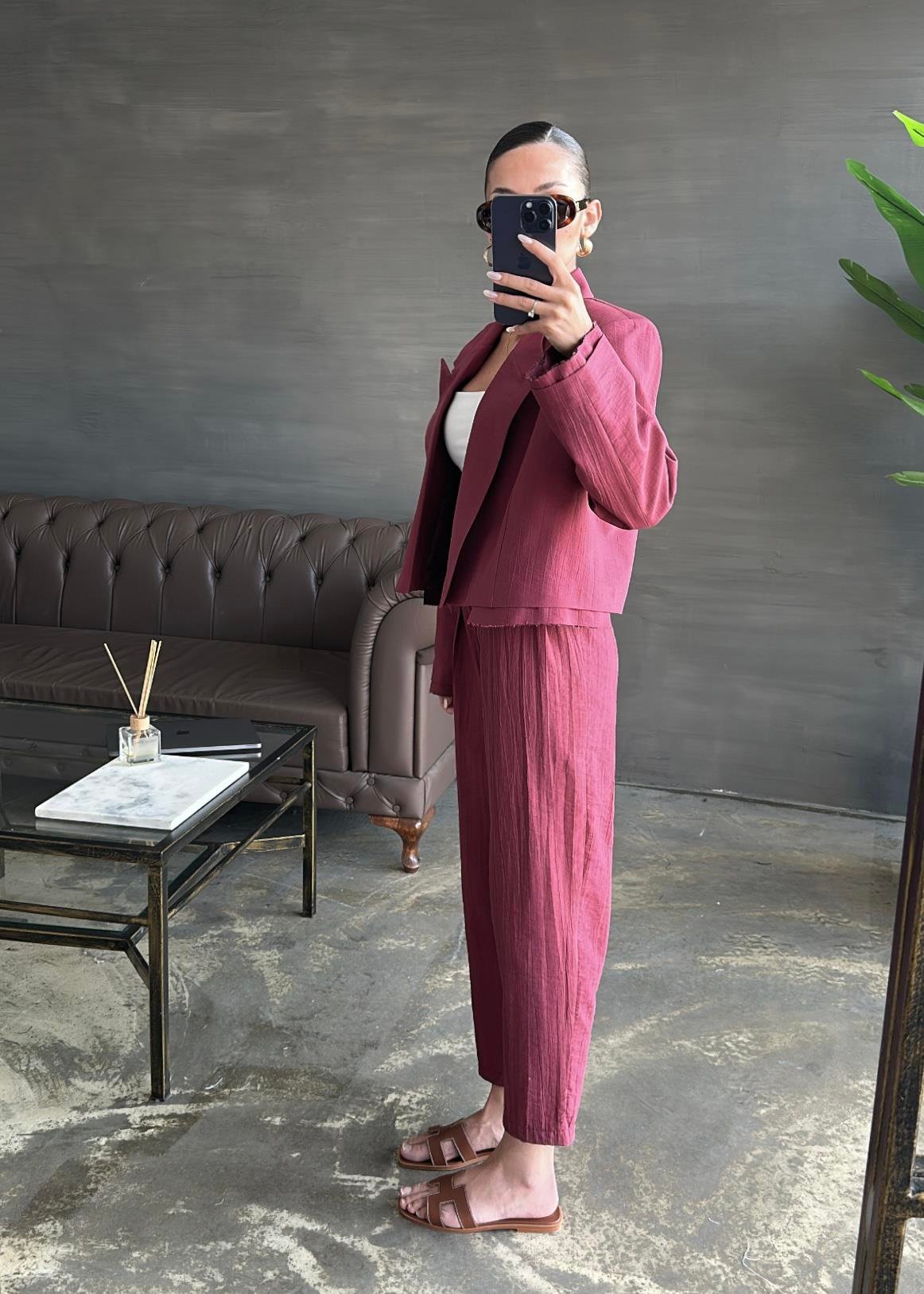 Bağlama Detaylı Crop Ceketli Takım BORDO