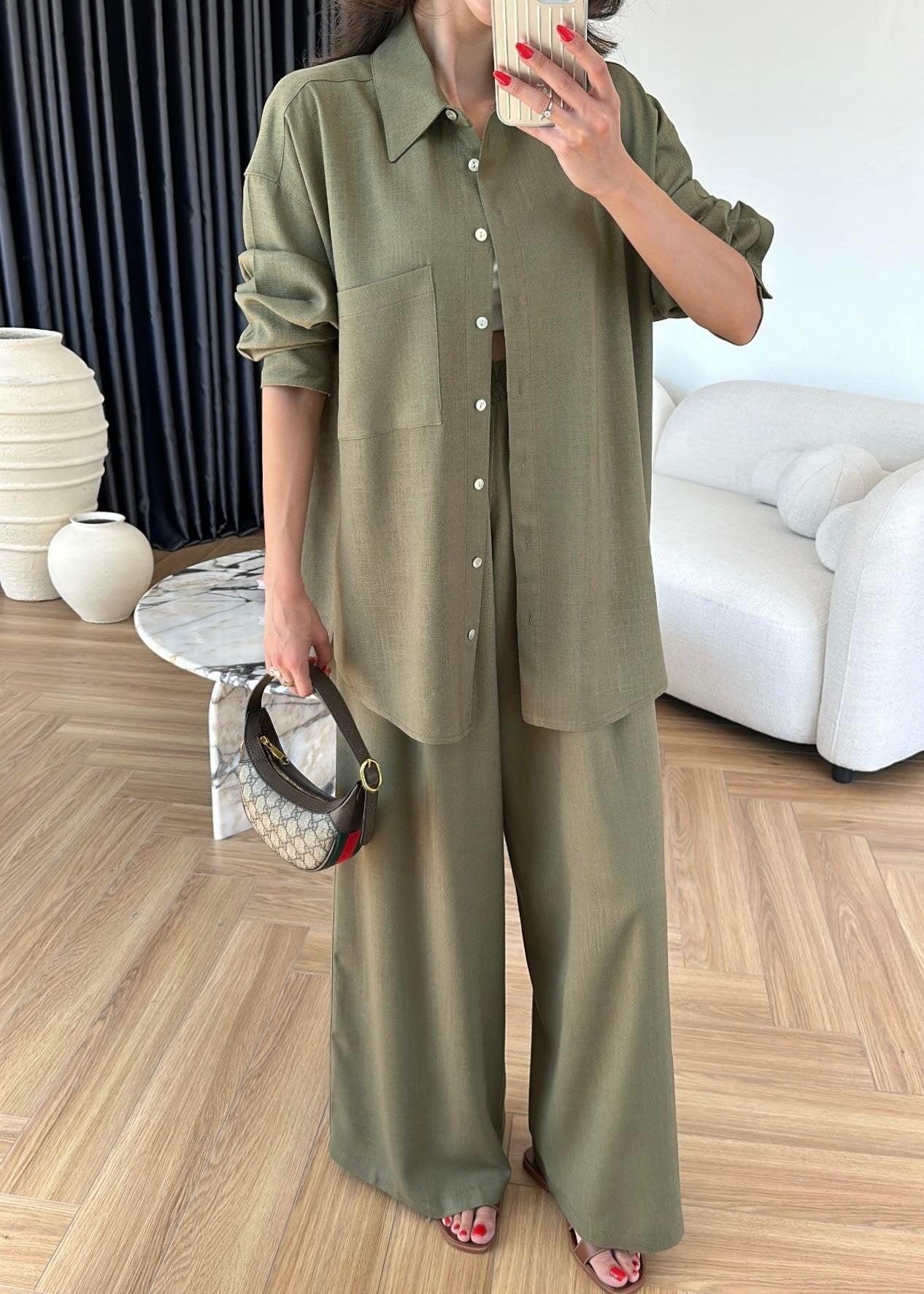 Sedef Düğmeli Uzun Keten Takım Haki