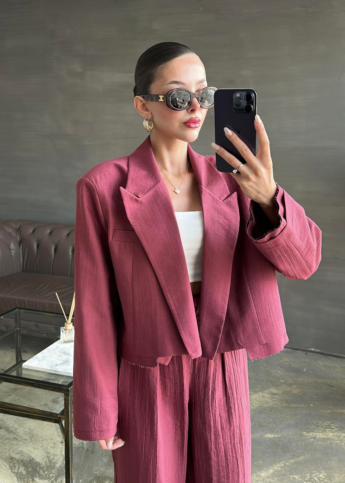 Bağlama Detaylı Crop Ceketli Takım BORDO