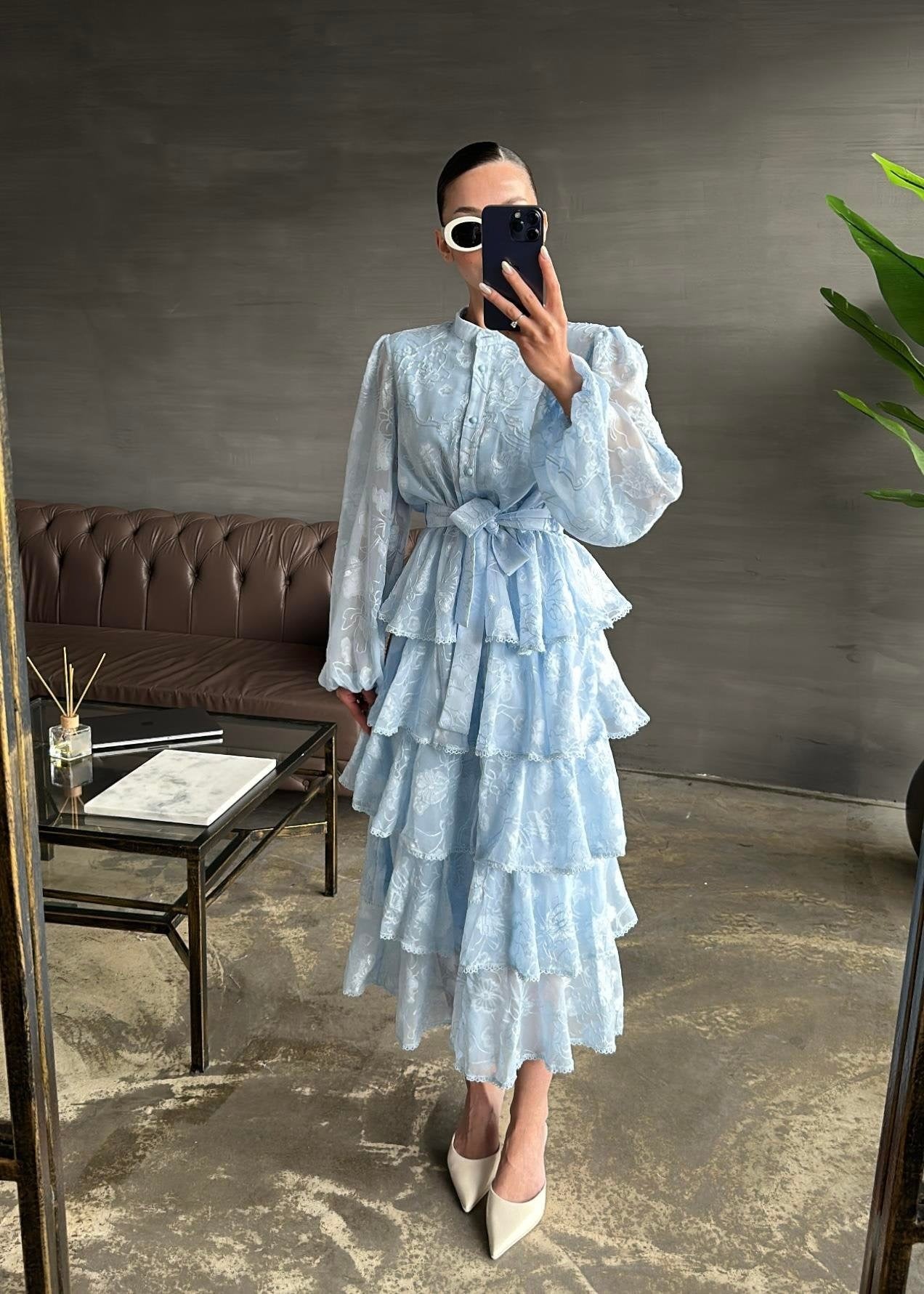 Çiçek Desenli Fırfırlı Elbise BEBE MAVİ