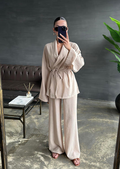 Şal Yaka Krinkıl Kimono Takım TAŞ