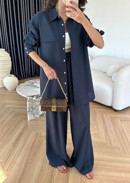 Sedef Düğmeli Uzun Keten Takım LACİVERT
