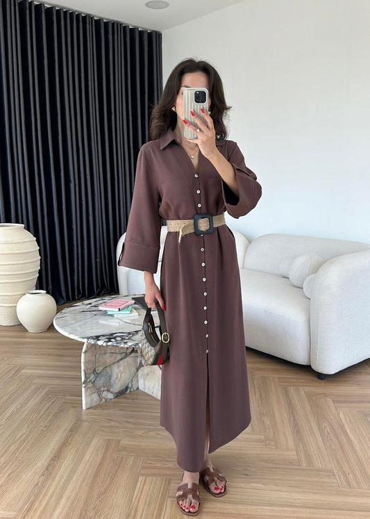 Hasır Kemerli Keten Gömlek Elbise KAHVERENGİ