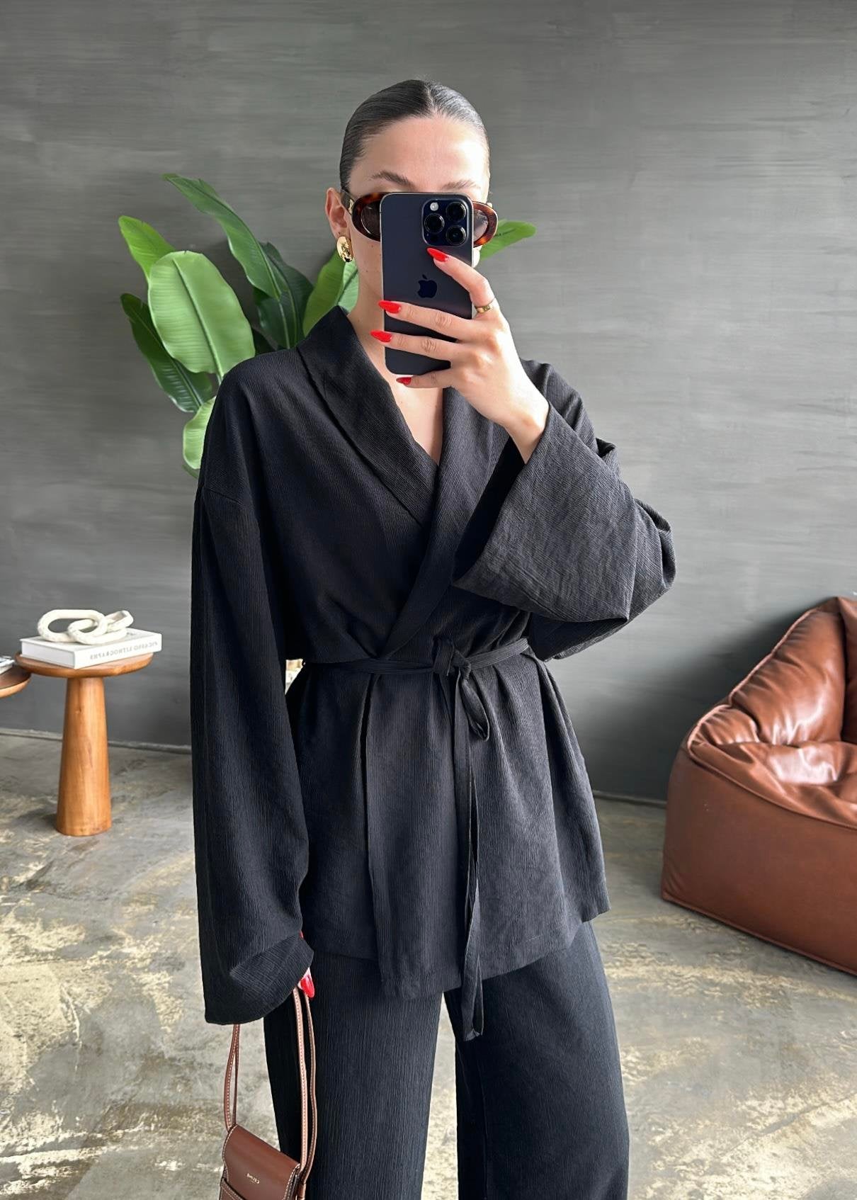 Şal Yaka Krinkıl Kimono Takım SİYAH