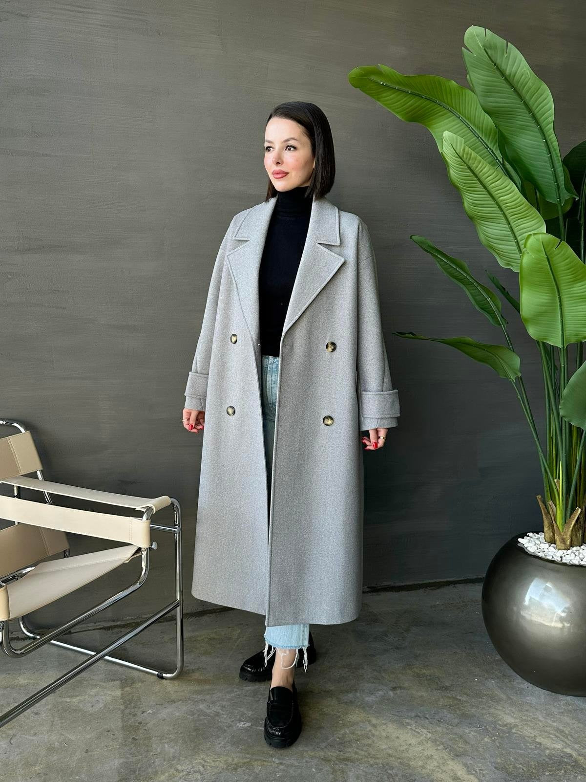 Kelebek Yakalı Uzun Kaban AÇIK GRİ