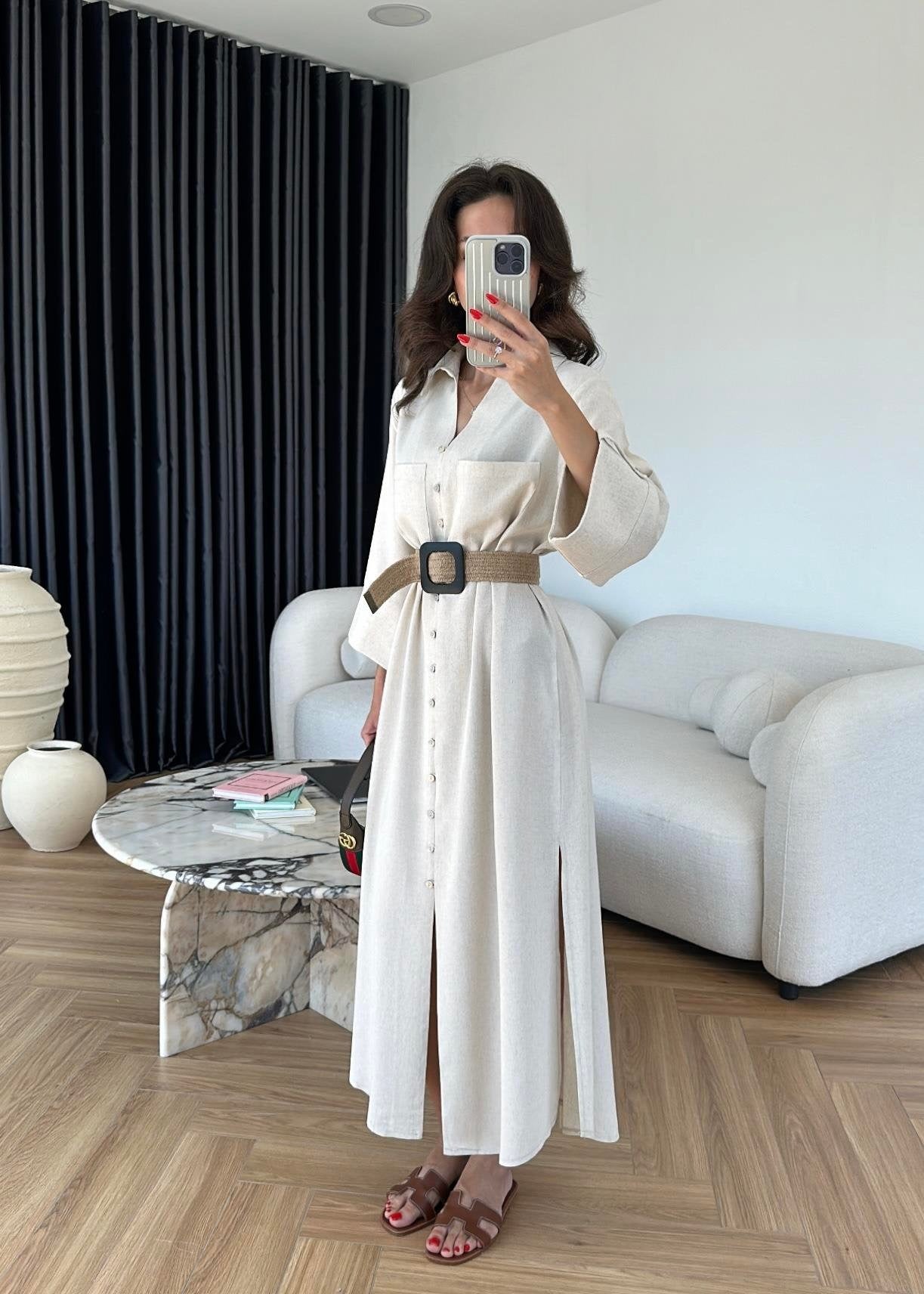 Hasır Kemerli Keten Gömlek Elbise NATUR