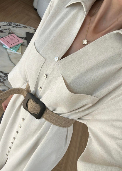 Hasır Kemerli Keten Gömlek Elbise NATUR