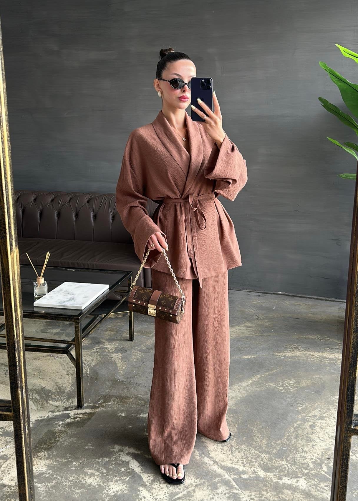 Şal Yaka Krinkıl Kimono Takım KAHVE