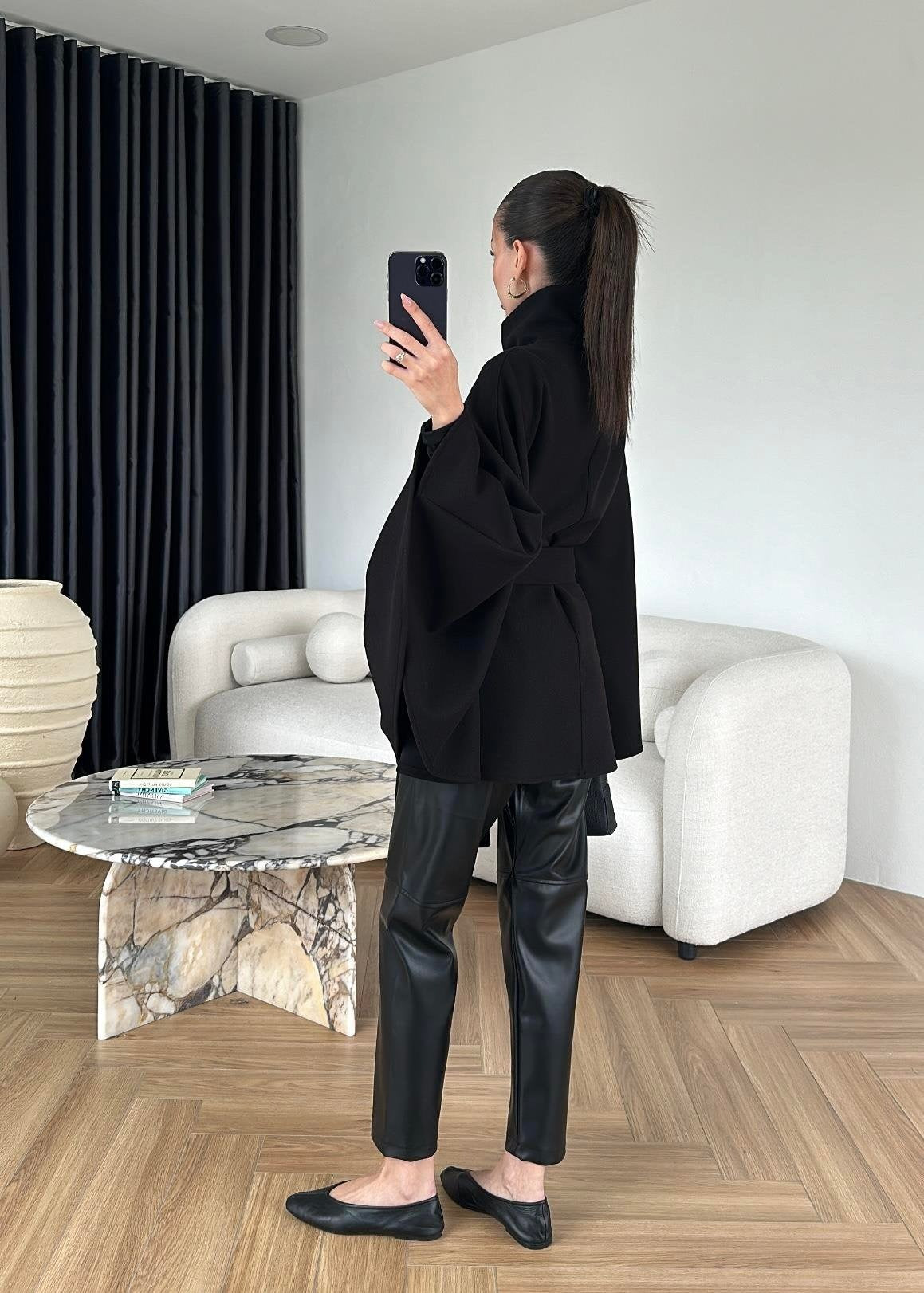 Kaşe Bağlamalı Panço SİYAH